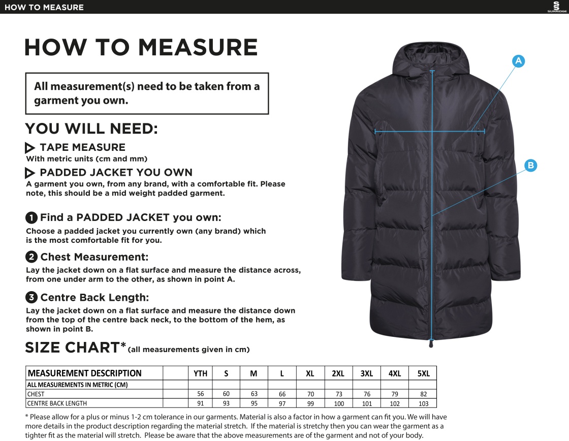 Bury Amateur AFC - Full Length Sub Coat - Unisex - Size Guide