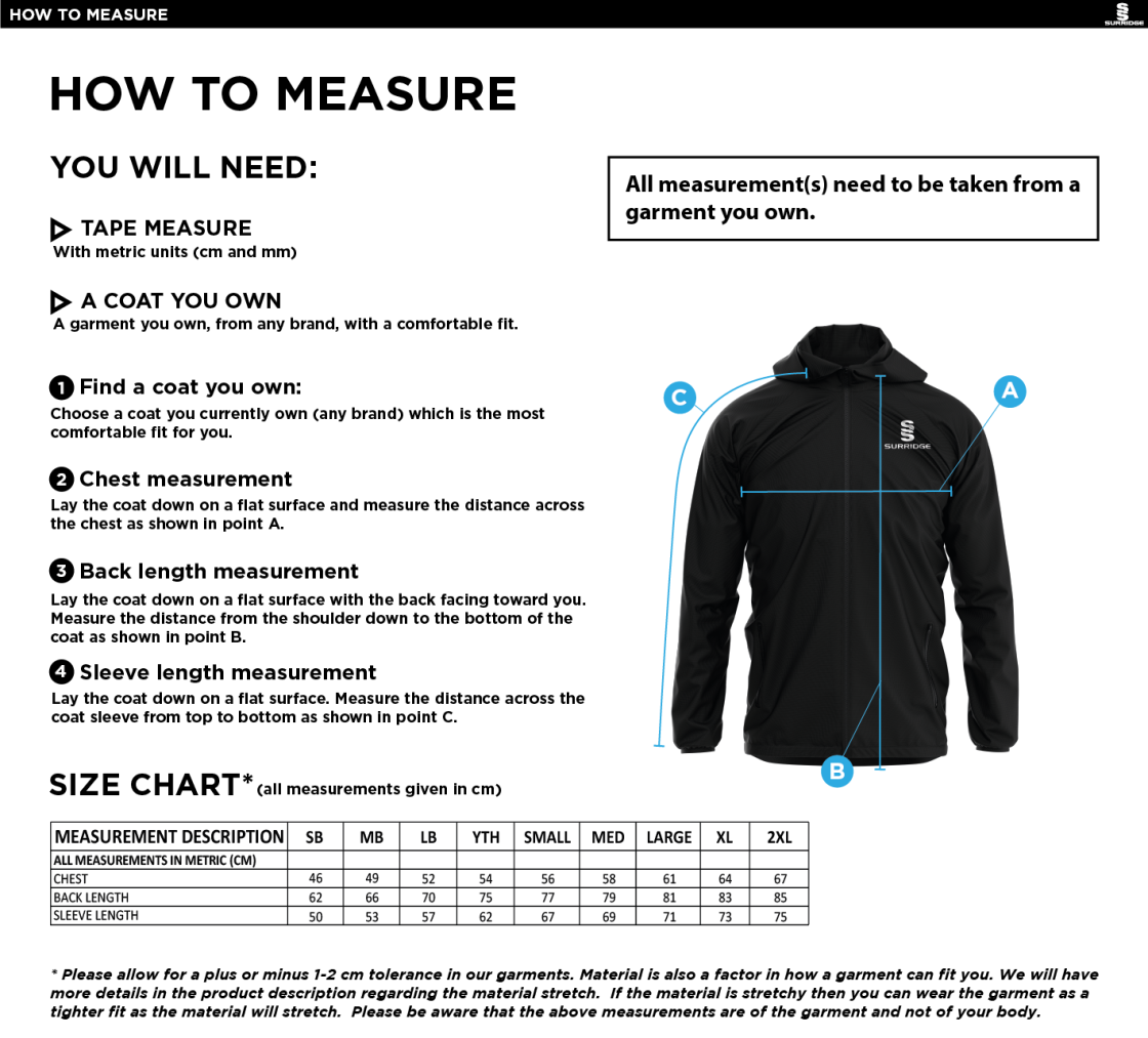Bury Amateur AFC - Dual Elite 1/4 Zip Hoody / Rain Jacket - Size Guide
