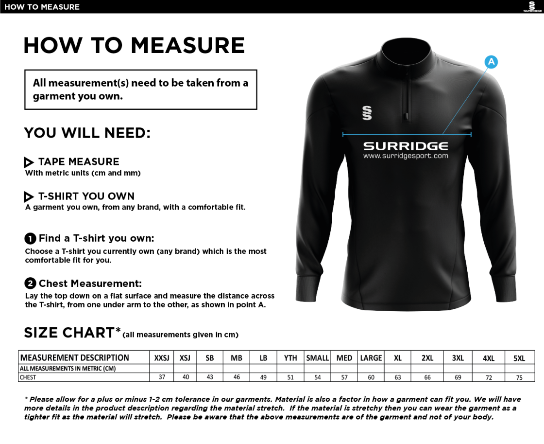 Bury Amateur AFC - 1/4 Zip Dual Performance Top :  Black - Size Guide