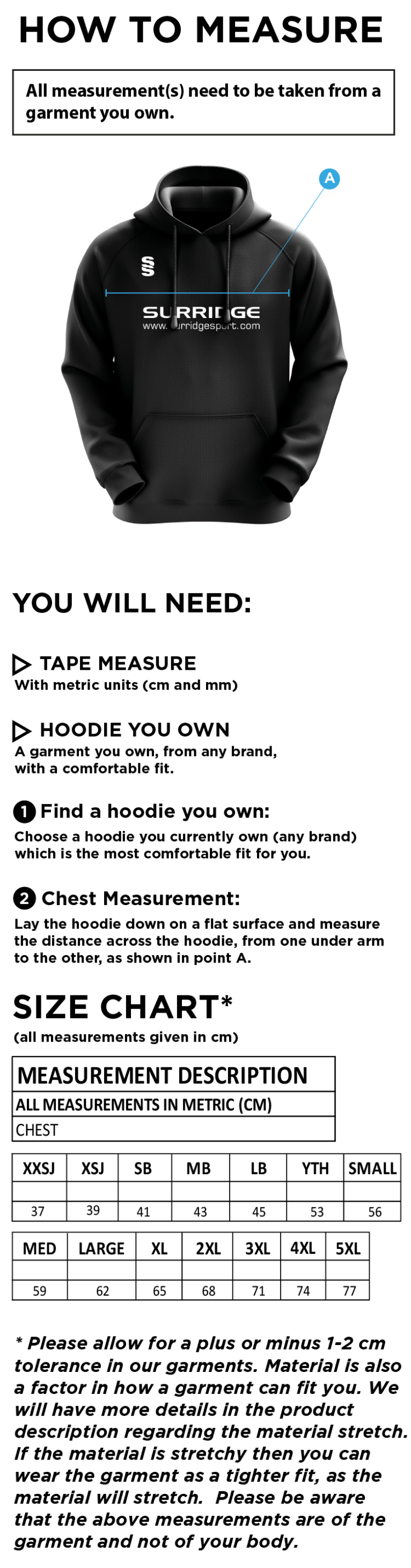 Bury Amateur AFC - Fuse Hoody : Black / White - Size Guide