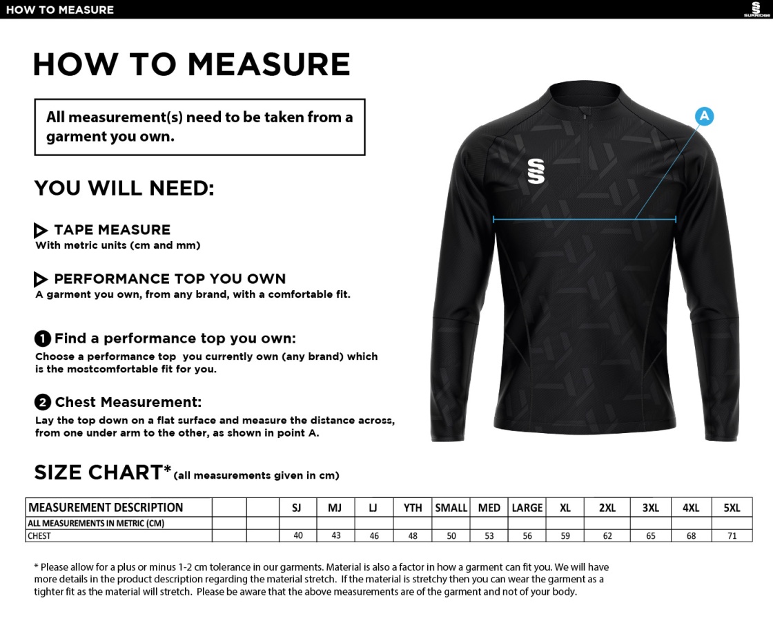 Impact 1/4 Zip Performance Top - Size Guide