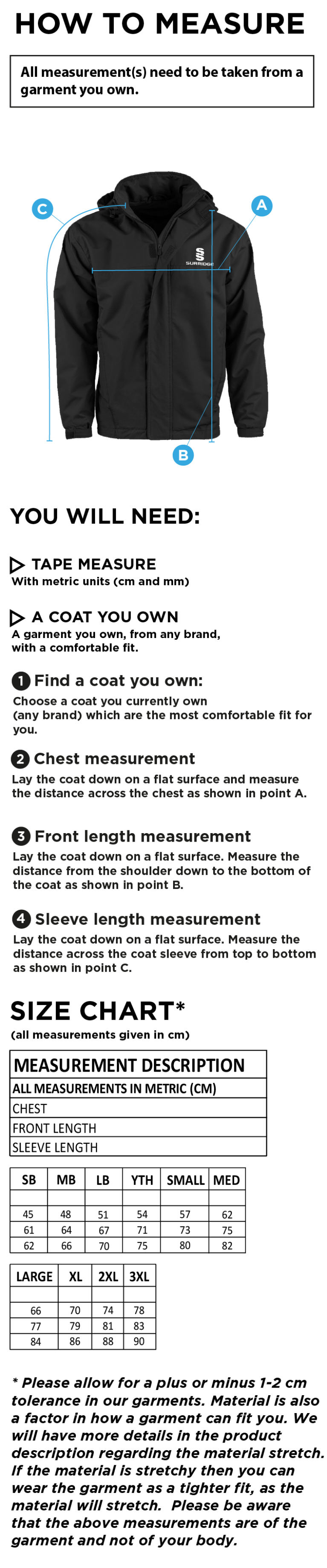 Bury Amateur AFC - Dual Fleece Lined Jacket : Black - Size Guide