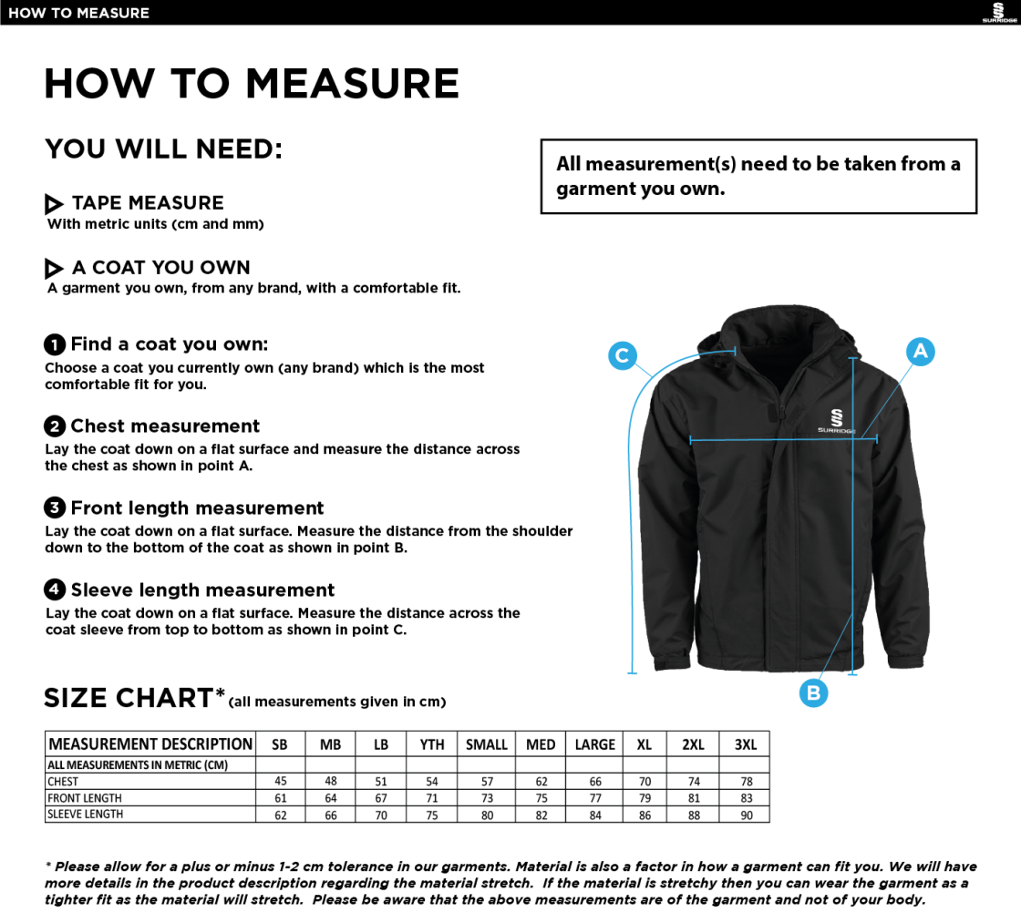 Bury Amateur AFC - Dual Fleece Lined Jacket : Black - Size Guide