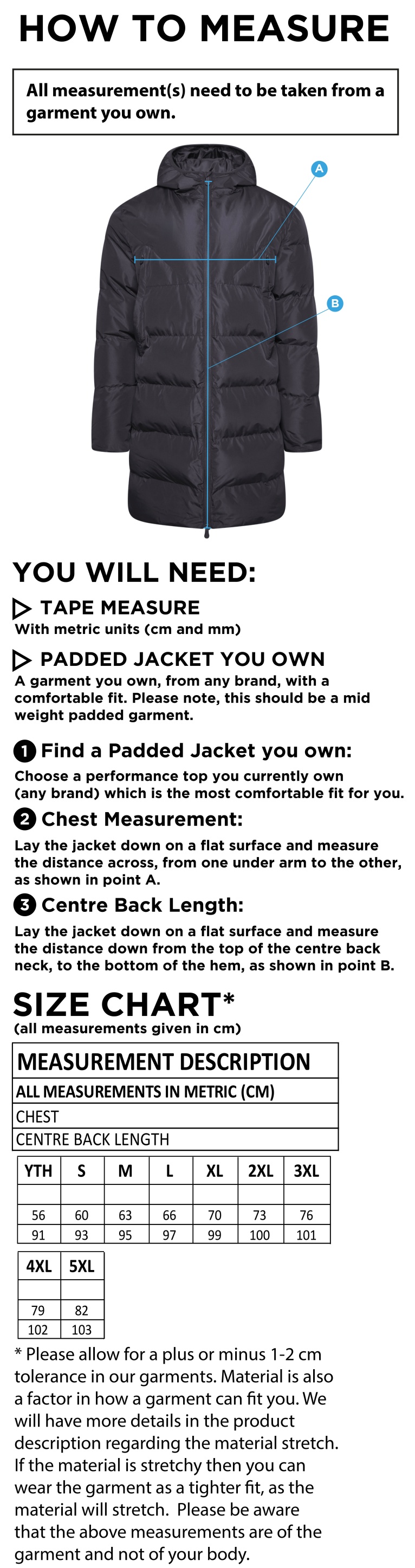 Bury Amateur AFC - Full Length Sub Coat - Unisex - Size Guide